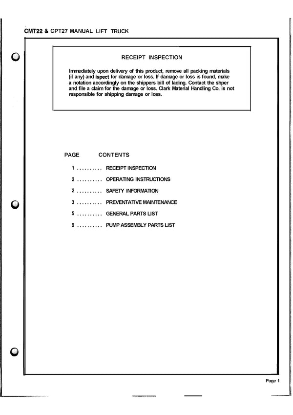 Clark CMT 22 CPT 27 (SPM-623) Hand Pallet Truck Service Parts Manual - PDF Download