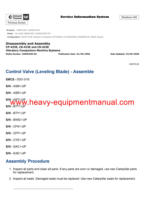 Download Caterpillar CS-433E VIBRATORY COMPACTOR Service Repair Manual BTT