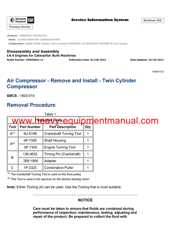 DOWNLOAD CATERPILLAR CS-68B VIBRATORY COMPACTOR SERVICE REPAIR MANUAL MMS