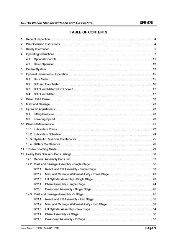 Clark CSP 15 (SPM-625A) Forklift Service and Parts Manual - PDF Download