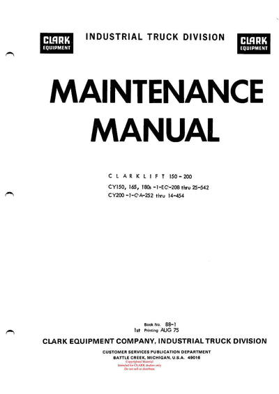 Clark CY 150 165 180 200 (OSM-88-1) Forklift Maintenance Manual - PDF Download