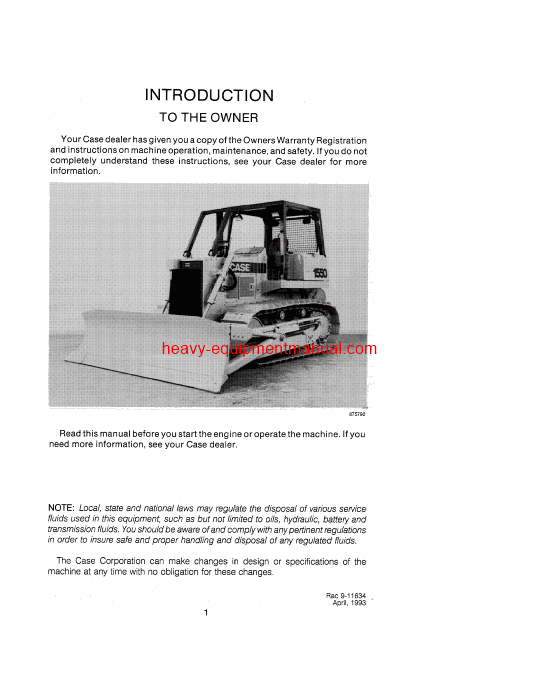 Download Case 1550 Crawler Operator Manual (9-11634)
