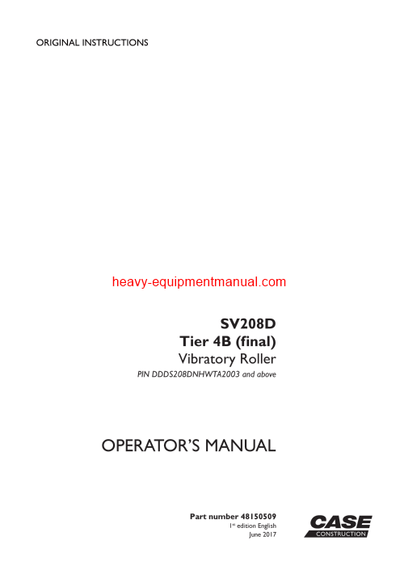 Download Case SV208D Tier 4B (final) Vibratory roller Operator Manual (48150509)