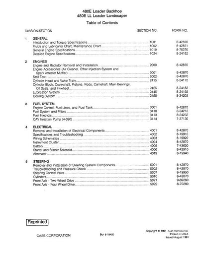 Case 480E 480ELL Loader backhoe Service Manual (1991)