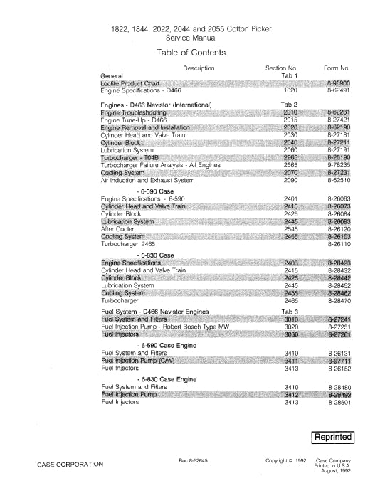 Case IH 1822,1844,2022,2044,2055 Cotton Picker Service Manual 8-27745