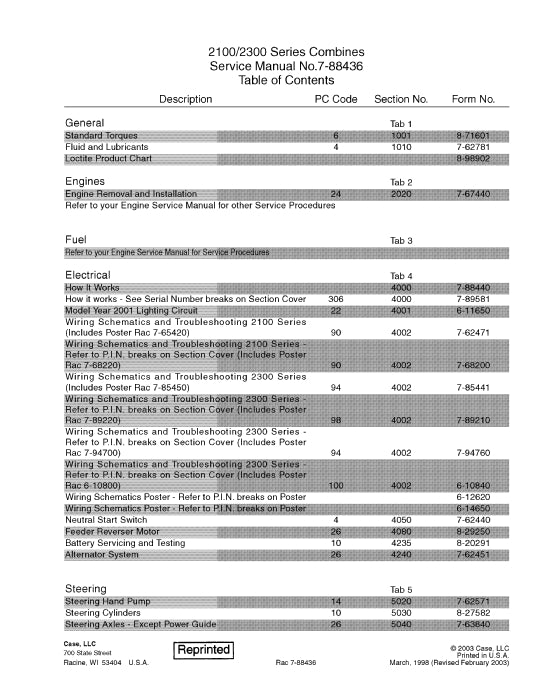 Case IH 22144 2166 2188 2344 2366 2388 Combine Service Manual 7-88436