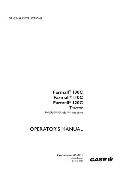 Case IH Farmall 100C, 110C, 120C Tractor Operator Manual 92286721