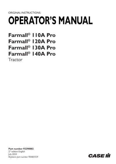 Case IH Farmall 140A Pro Tractor Operator Manual 92290882