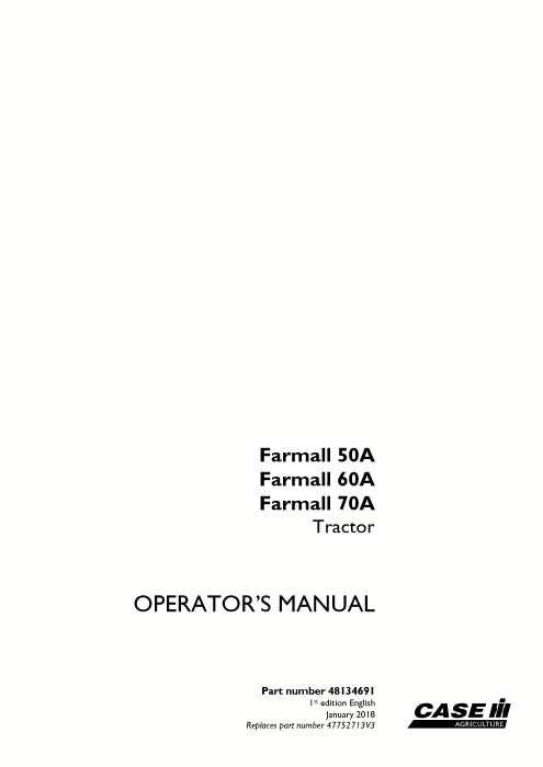 Case IH Farmall 50A, Farmall 60A, Farmall 70A Tractor Operator Manual 48134691