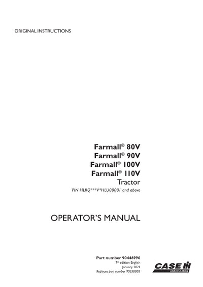 Case IH Farmall 80V, 90V, 100V, 110V Tractor Operator Manual 90446996