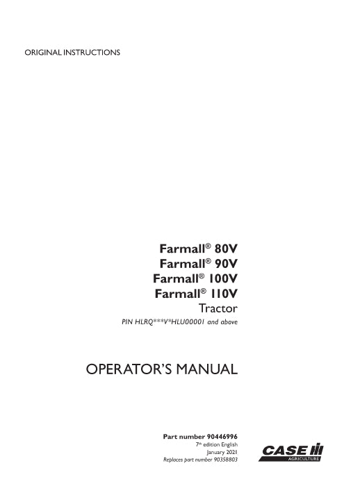 Case IH Farmall 80V, 90V, 100V, 110V Tractor Operator Manual 90446996