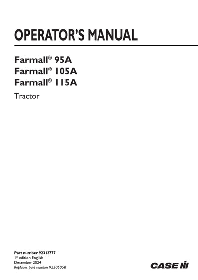 Case IH Farmall 95A, 105A, 115A Tractor Operator Manual 92313777