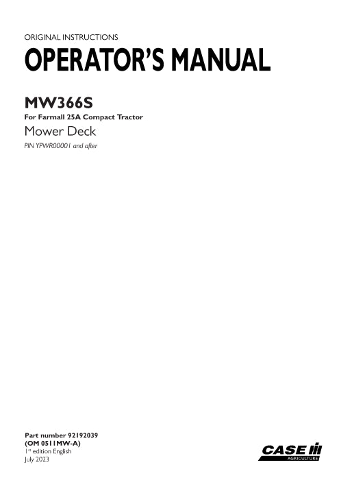 Case IH MW366S Mower Deck Operator Manual 92192039