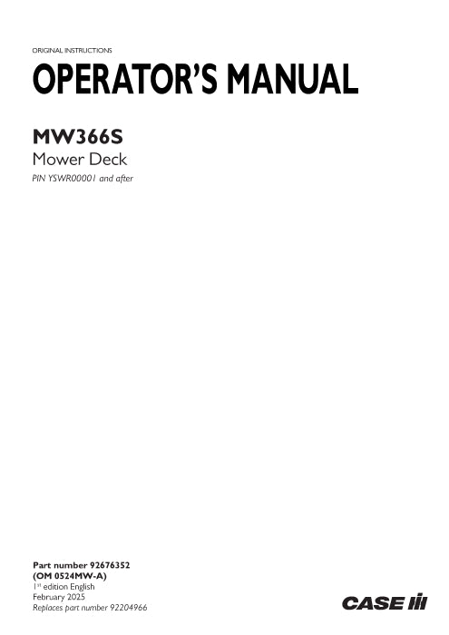 Case IH MW366S Mower Deck Operator Manual 92676352