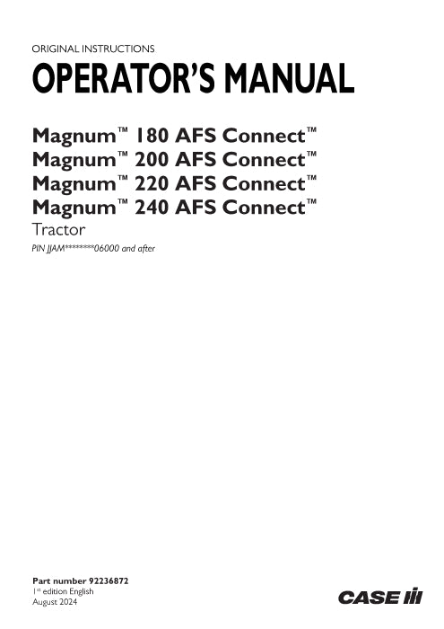 Case IH Magnum 180, 200, 220, 240 AFS Connect Tractor Operator Manual 92236872
