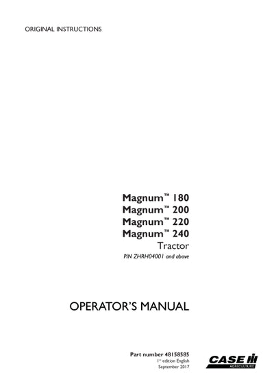 Case IH Magnum 180, 200, 220, 240 Tractor Operator Manual 48158585