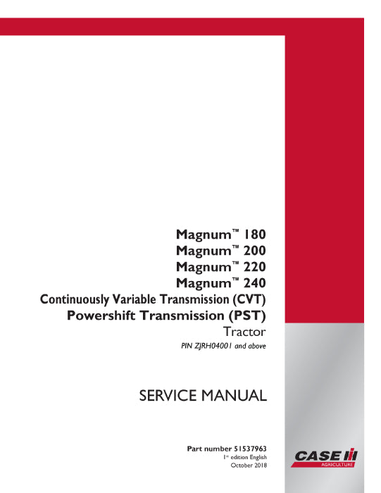 Case IH Magnum 180 CVT - PST Tier 4B Tractor Service Manual 51537963