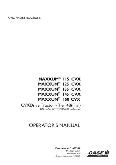 Case IH Maxxum 125 CVX Drive Tier 4B (final) Tractor Operator Manual 51673584