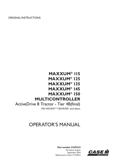 Case IH Maxxum 125 Multicontroller Active Drive 8 Tier 4B (final) Tractor Operator Manual 51673215