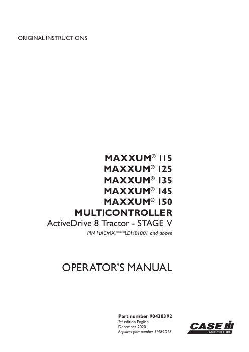 Case IH Maxxum 135 Multicontroller Tractor (Stage V) Operator Manual 90430392 