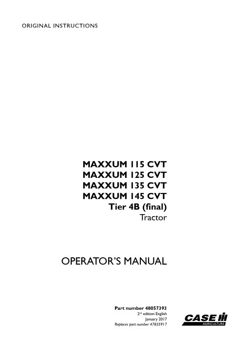 Case IH Maxxum 145 CVT Tier 4B (Final) Tractor Operator Manual 48057393