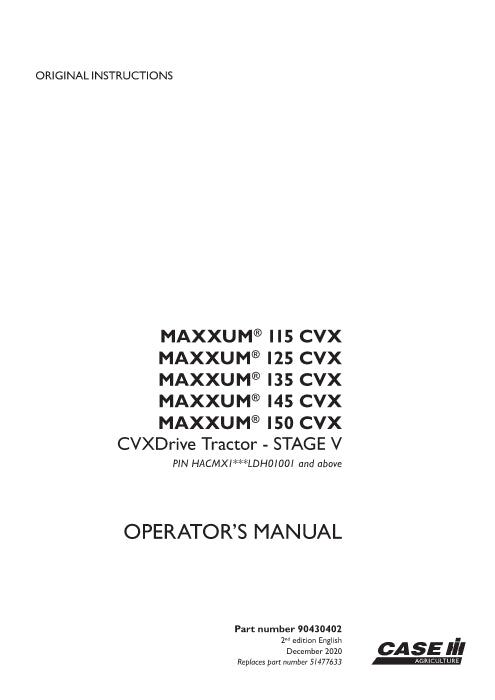 Case IH Maxxum 145 CVX Drive Tractor (Stage V) Operator Manual 90430402