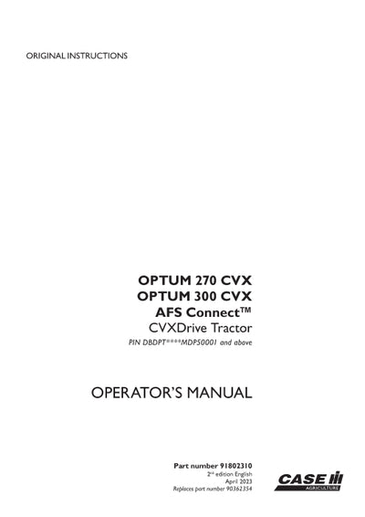 Case IH Optum 270, 300 CVX AFS Connect CVX Drive Tractor Operator Manual 91802310 PDF Download