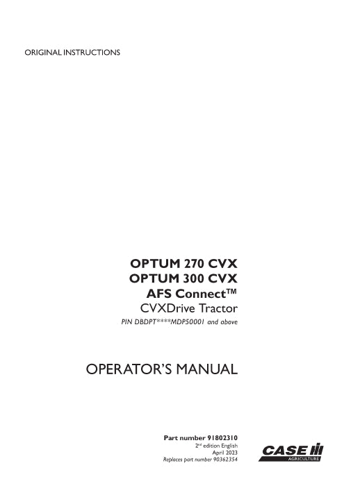Case IH Optum 270, 300 CVX AFS Connect CVX Drive Tractor Operator Manual 91802310 PDF Download