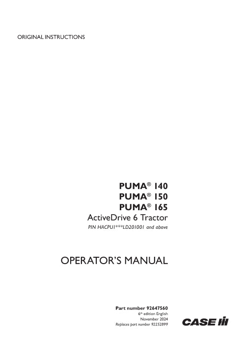 Case IH PUMA 140, 150, 165 ActiveDrive 6 Tractor Operator Manual 92647560 