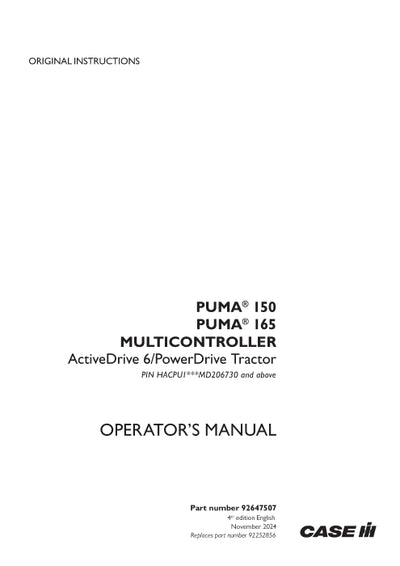Case IH Puma 150, 165 Multicontroller- ActiveDrive 6/PowerDrive Tractor Operator Manual 92647507