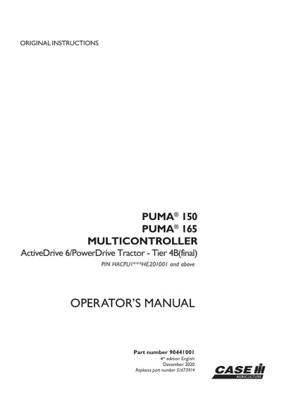 Case IH Puma 150, 165 Multicontroller Tier 4B (final) Tractor Operator Manual 90441001
