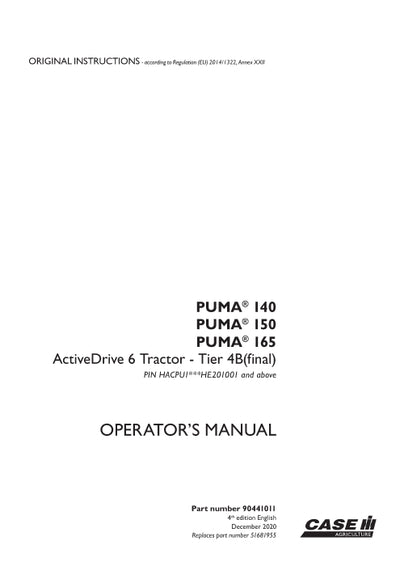 Case IH Puma 150 Active Drive 6 Tier 4B (final) Tractor Operator Manual 90441011
