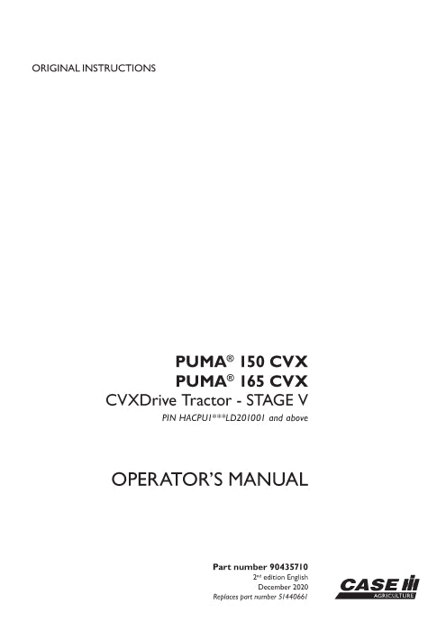 Case IH Puma 150 CVX, 165 CVX Drive Tractor (Stage V) Operator Manual 90435710