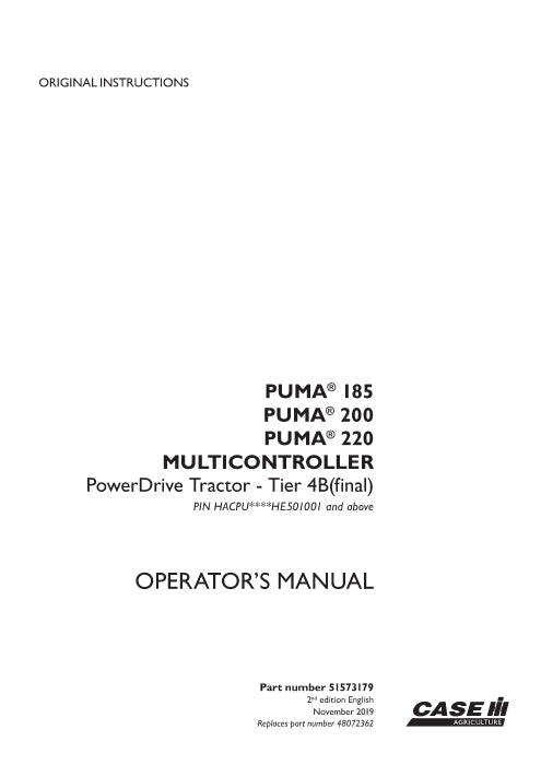Case IH Puma 200 Multicontroller Power Drive Tier 4B (final) Tractor Operator Manual 51573179