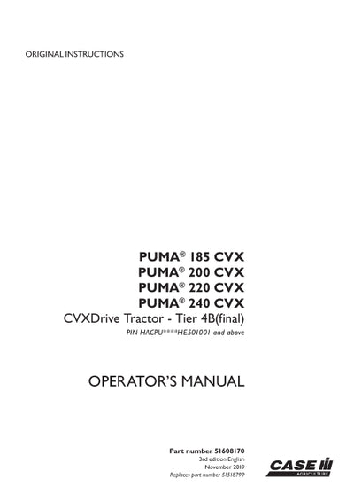 Case IH Puma 220 CVX Drive Tier 4B (final) Tractor Operator Manual 51608170