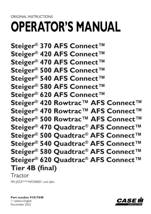 Case IH Steiger 500 AFS Connect Tier 4B (final) Tractor Operator Manual 91817648
