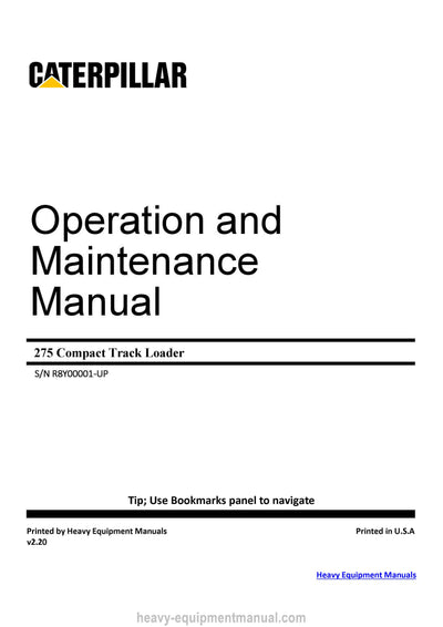 Caterpillar 275 Compact Track Loader PDF Operation & Maintenance Manual Download R8Y00001-up