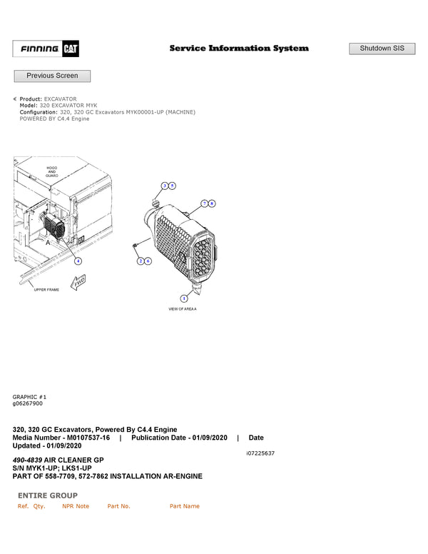 Caterpillar 320, 320 GC Excavator Parts Manual (MYK00001-UP)(1)