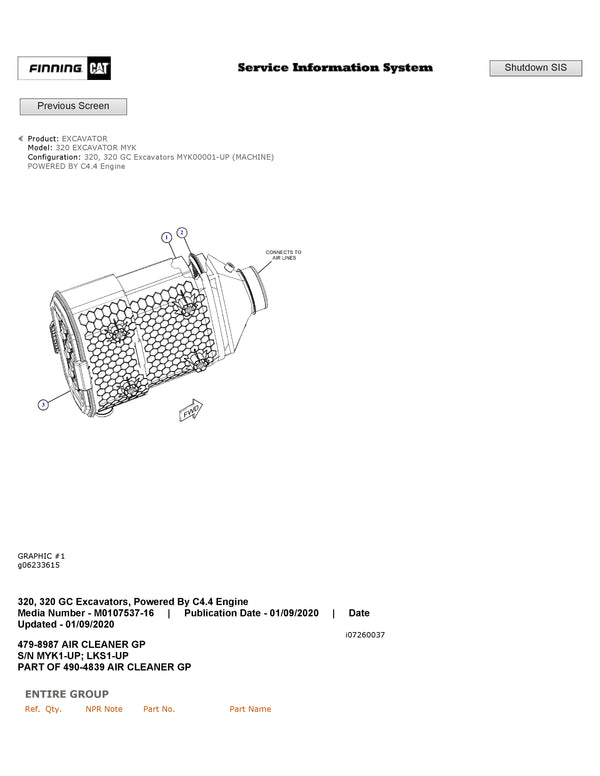 Caterpillar 320, 320 GC Excavator Parts Manual (MYK00001-UP)(1)