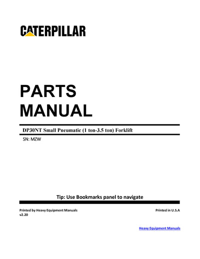 Caterpillar DP30NT Small Pneumatic (1 ton-3.5 ton) Forklift Parts Manual