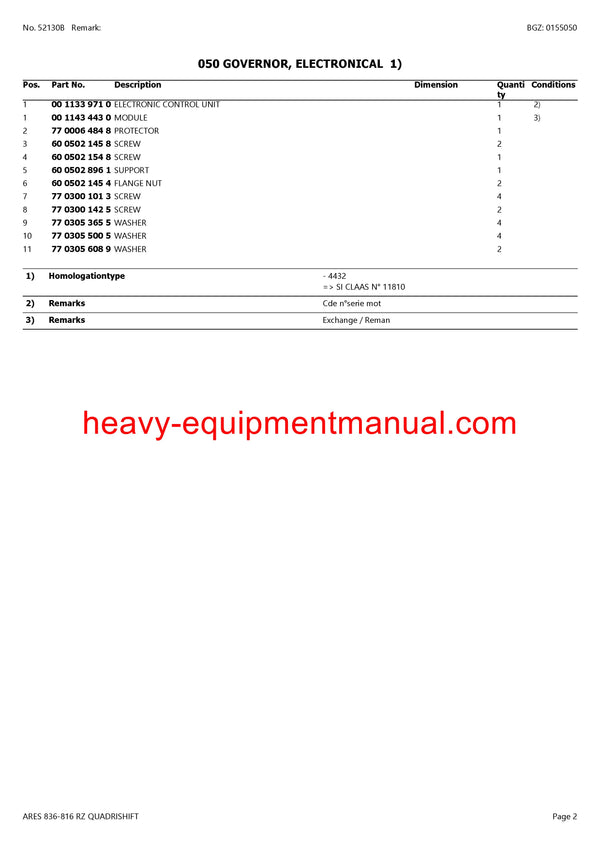 Download Claas Ares 836-816 RZ Quardristhift Tractor Parts Manual PDF 