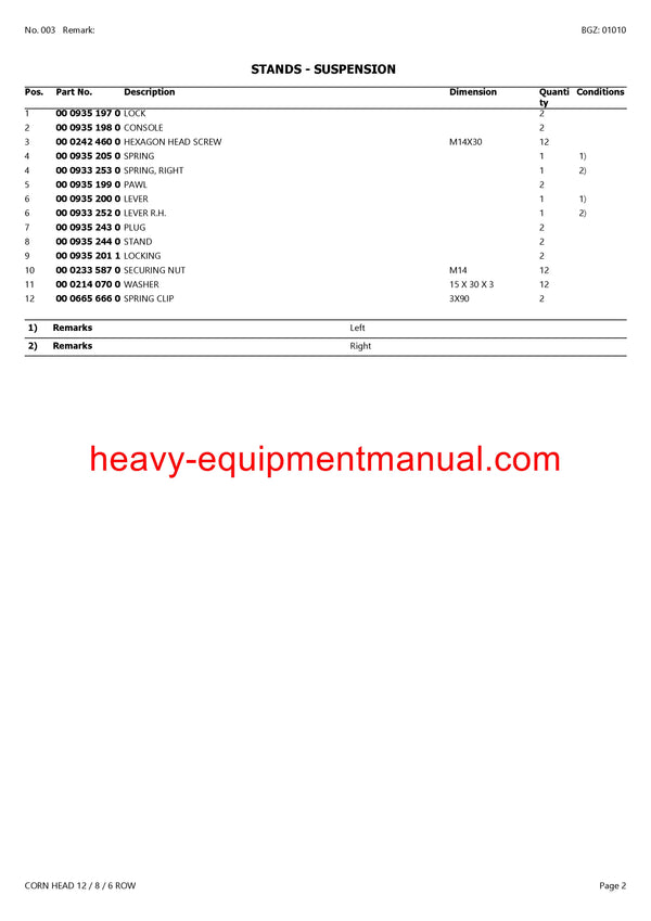 Download Claas Corn Head 12 8 6 Row Combine Parts Manual PDF