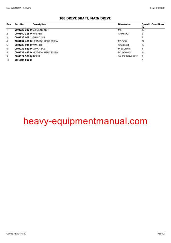PDF Claas 16 - 30 Corn Head Combine Parts Manual Download