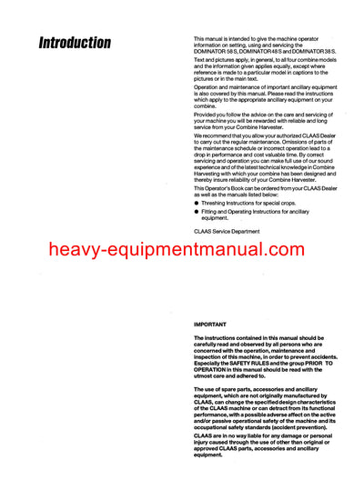 Claas Dominator 38S, 48S, 58S Combine Harvester Operator's Manual
