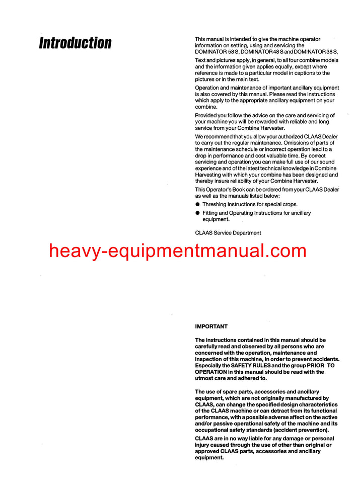 Claas Dominator 38S, 48S, 58S Combine Harvester Operator's Manual