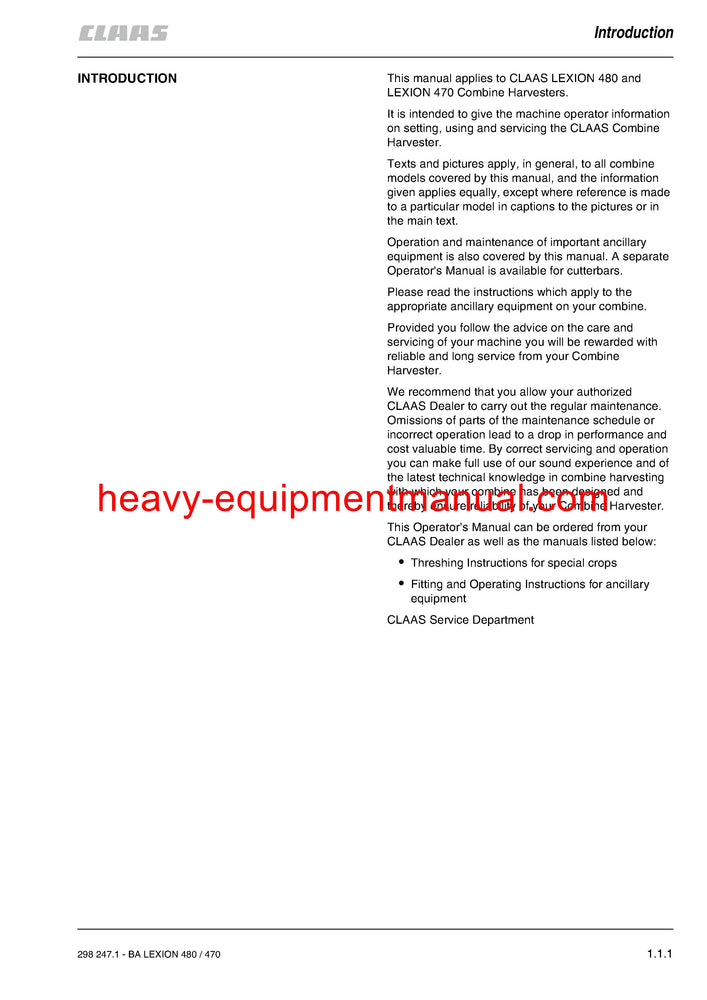 Claas Lexion 480, 470 Combine Harvester Operator's Manual
