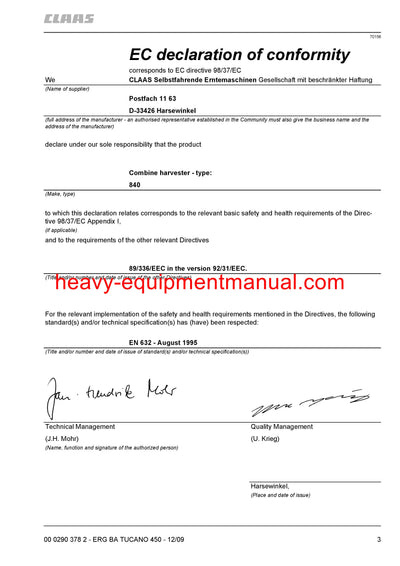 Claas TUCANO 450 840 Combine Operator's Manual