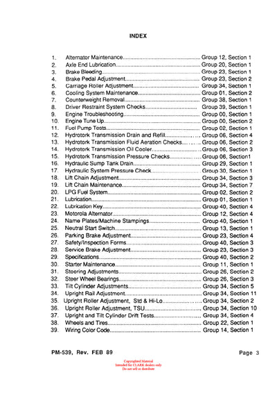 Clark 685 - Y685 (PMA-539) Forklift Planned Maintenance & Adjustment Manual - PDF Download
