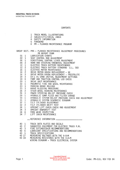 Clark ECA/EPA (PMA-510) Forklift Planned Maintenance & Adjustment Manual - PDF Download