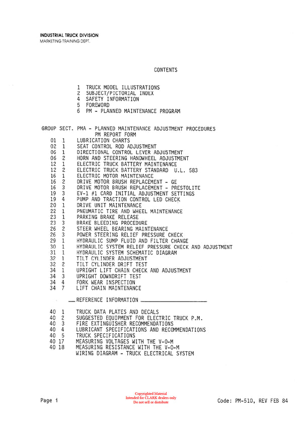 Clark ECA/EPA (PMA-510) Forklift Planned Maintenance & Adjustment Manual - PDF Download